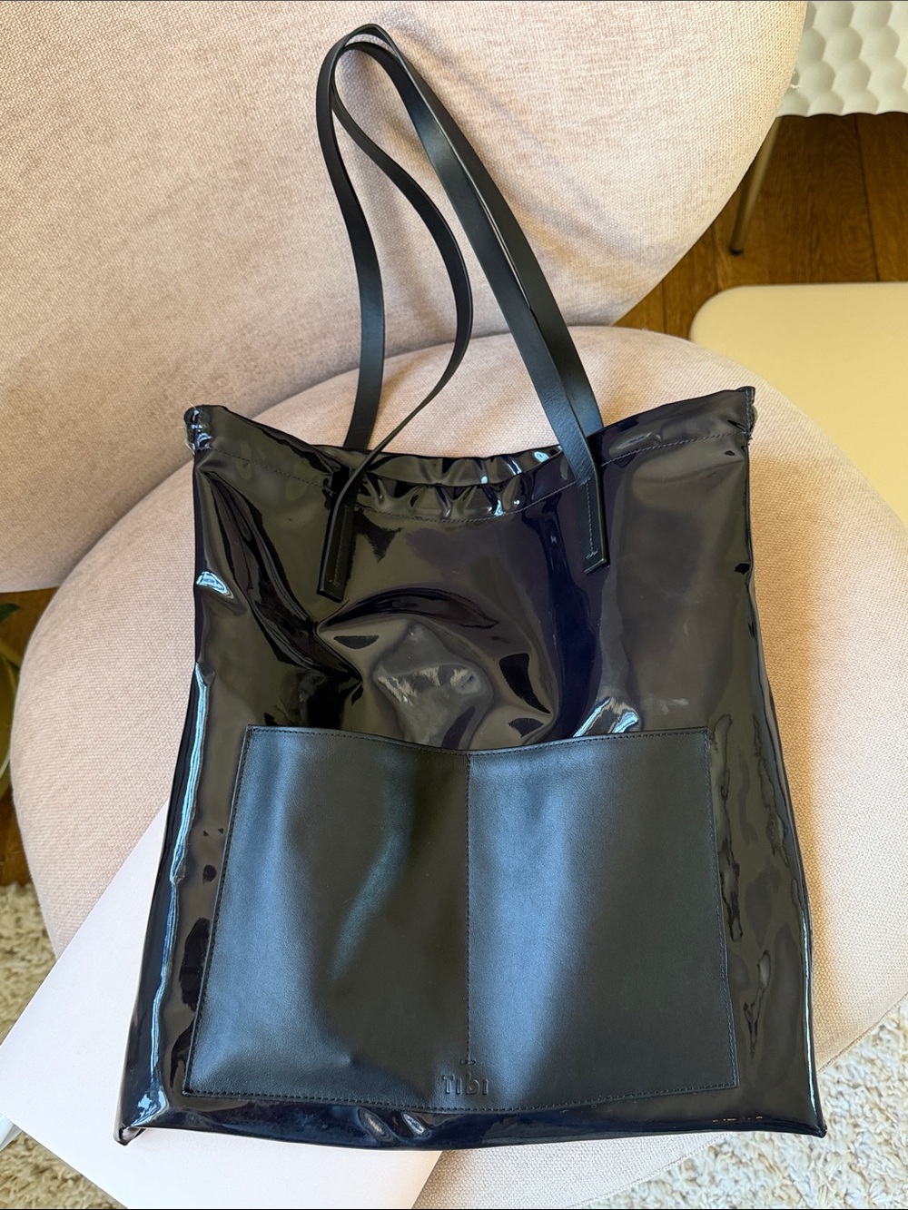 Tibi Ruched Lucas Tote- Dark Navy Patent Tote Bag with Double Front Pocket